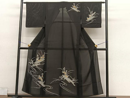 平和屋着物＊夏物　訪問着　絽　花筏　黒地　正絹　逸品　BAAY4498hv