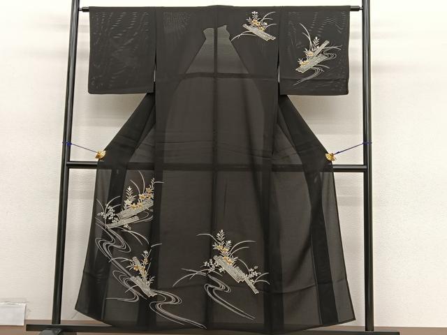 平和屋着物＊夏物　訪問着　絽　花筏　黒地　正絹　逸品　BAAY4498hv