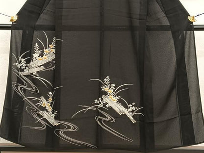 平和屋着物＊夏物　訪問着　絽　花筏　黒地　正絹　逸品　BAAY4498hv