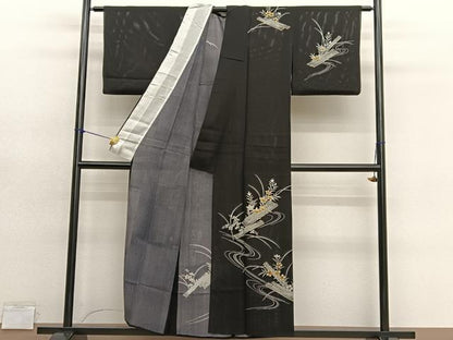 平和屋着物＊夏物　訪問着　絽　花筏　黒地　正絹　逸品　BAAY4498hv