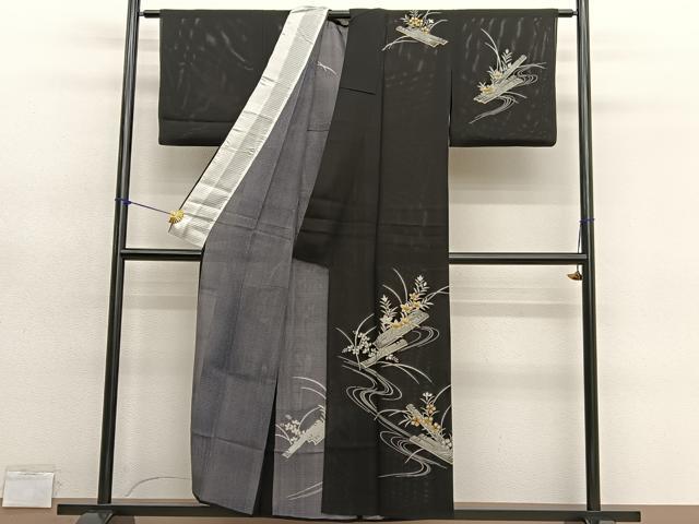 平和屋着物＊夏物　訪問着　絽　花筏　黒地　正絹　逸品　BAAY4498hv