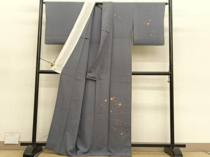 平和屋着物▽訪問着　単衣　総刺繍　竜田川花文　金糸　正絹　逸品　BAAY4508hv