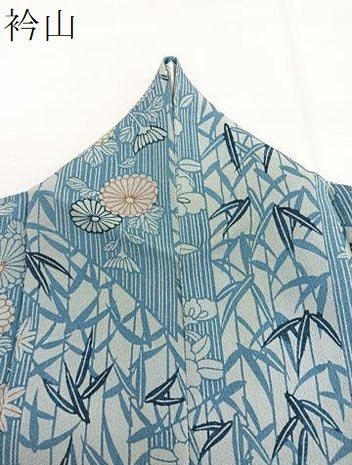 平和屋着物▽上質な小紋　単衣　藍　型染め　草花文　鬼しぼ縮緬　正絹　逸品　BAAY4519hv