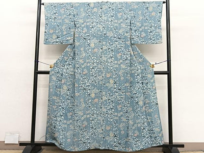 平和屋着物▽上質な小紋　単衣　藍　型染め　草花文　鬼しぼ縮緬　正絹　逸品　BAAY4519hv