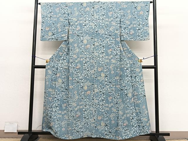 平和屋着物▽上質な小紋　単衣　藍　型染め　草花文　鬼しぼ縮緬　正絹　逸品　BAAY4519hv