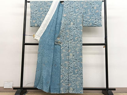 平和屋着物▽上質な小紋　単衣　藍　型染め　草花文　鬼しぼ縮緬　正絹　逸品　BAAY4519hv