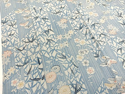 平和屋着物▽上質な小紋　単衣　藍　型染め　草花文　鬼しぼ縮緬　正絹　逸品　BAAY4519hv