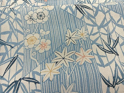 平和屋着物▽上質な小紋　単衣　藍　型染め　草花文　鬼しぼ縮緬　正絹　逸品　BAAY4519hv