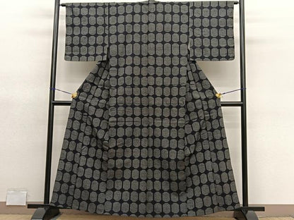 平和屋着物▽上質な紬　単衣　格子　正絹　逸品　BAAY4530hv