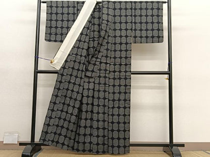 平和屋着物▽上質な紬　単衣　格子　正絹　逸品　BAAY4530hv