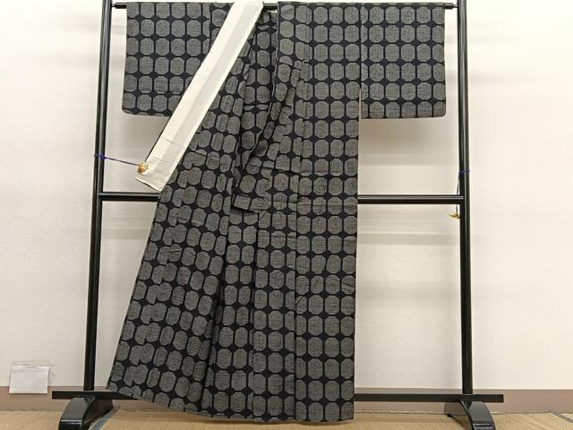 平和屋着物▽上質な紬　単衣　格子　正絹　逸品　BAAY4530hv