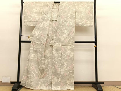 平和屋着物▽本塩沢　単衣　流水風景文　反端付き　正絹　逸品　未使用　BAAY4532hv
