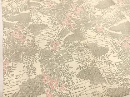 平和屋着物▽本塩沢　単衣　流水風景文　反端付き　正絹　逸品　未使用　BAAY4532hv