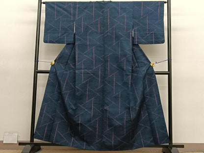 平和屋着物▽上質な紬　単衣　幾何学文様　正絹　逸品　BAAY4533hv