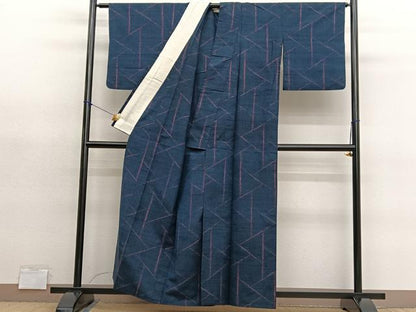 平和屋着物▽上質な紬　単衣　幾何学文様　正絹　逸品　BAAY4533hv