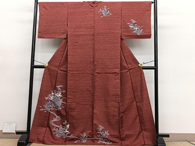 平和屋着物▽訪問着　単衣　紬地　流水松竹梅　正絹　逸品　BAAY4536hv