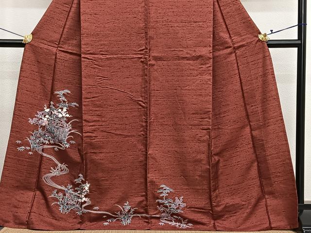 平和屋着物▽訪問着　単衣　紬地　流水松竹梅　正絹　逸品　BAAY4536hv