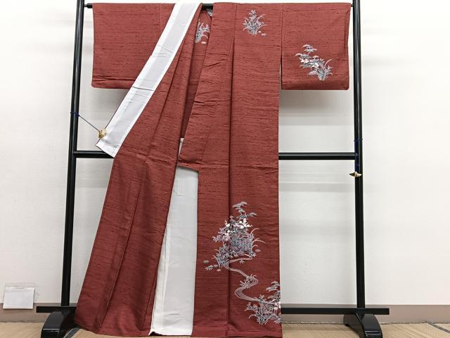 平和屋着物▽訪問着　単衣　紬地　流水松竹梅　正絹　逸品　BAAY4536hv