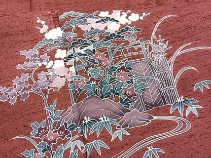 平和屋着物▽訪問着　単衣　紬地　流水松竹梅　正絹　逸品　BAAY4536hv