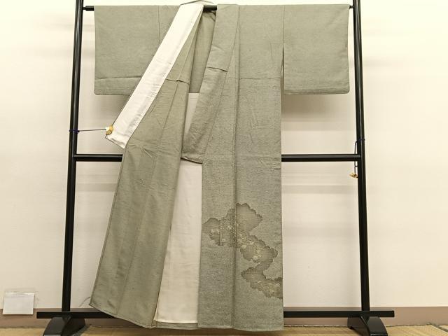 平和屋着物▽訪問着　単衣　紬地　総刺繍　葡萄蔦の葉文　正絹　逸品　BAAY4539hv