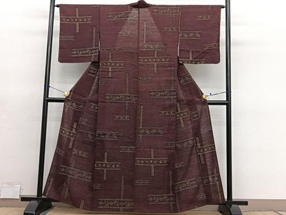 平和屋着物＊夏物　小紋　紗紬　市松織　横段更紗花文　正絹　逸品　BAAY4543hv
