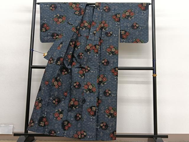 平和屋着物▽上質な紬 　単衣　 花丸文　正絹　逸品　未使用　BAAY4548hv
