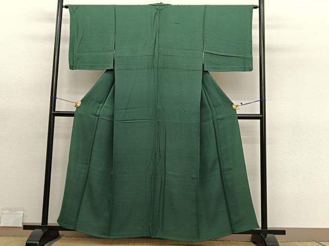 平和屋着物▽上質な色無地　単衣　花づくし地紋　千歳緑色　正絹　逸品　BAAY4552hv