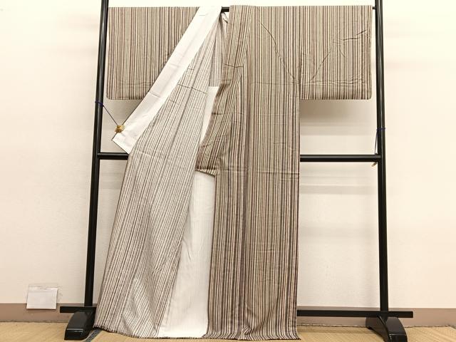 平和屋着物▽上質な小紋　単衣　紬地　竹間道　ロング丈　正絹　逸品　BAAY4558hv