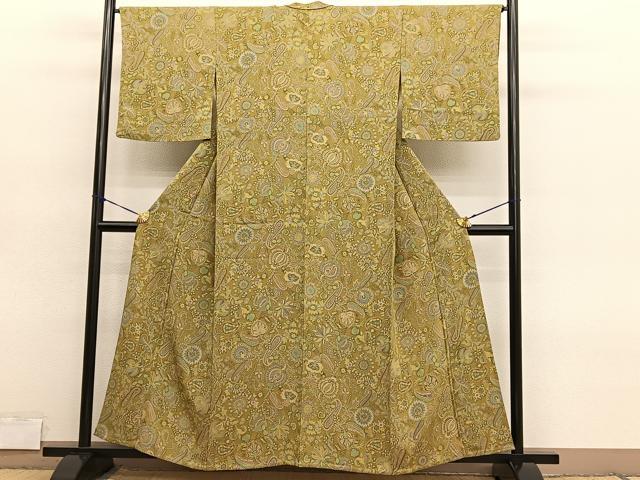 平和屋着物▽上質な小紋　単衣　更紗花文　正絹　逸品　BAAY4560hv