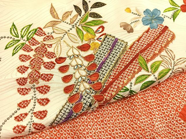 平和屋着物■豪華振袖　駒刺繍　絞り　扇花文　金彩　正絹　逸品　BAAY4607hv