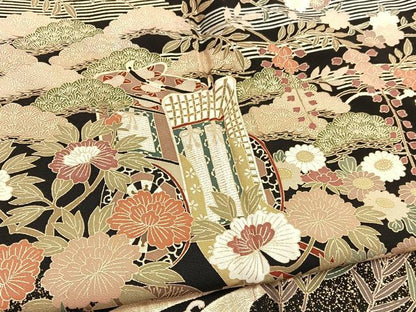 平和屋着物■豪華黒留袖　御所車花文　金彩　正絹　逸品　BAAY4609hv