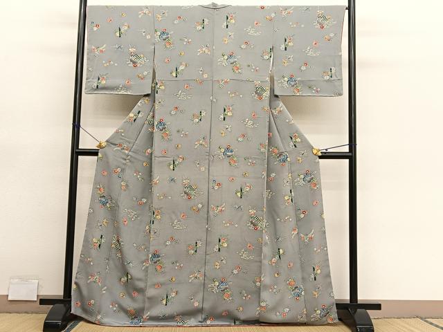 平和屋着物■上質な小紋　型染め　花鳥文　鬼しぼ縮緬　正絹　逸品　BAAY4618hv