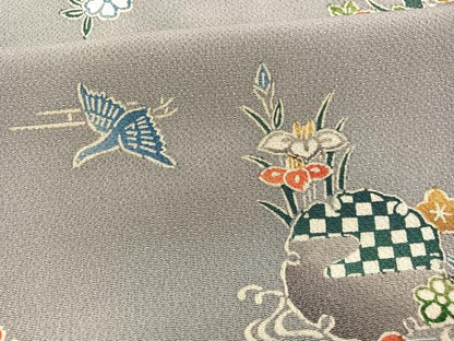 平和屋着物■上質な小紋　型染め　花鳥文　鬼しぼ縮緬　正絹　逸品　BAAY4618hv