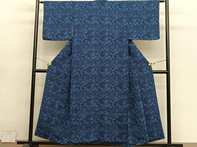 平和屋着物■上質な小紋　藍　型染め　草花文　鬼しぼ縮緬　正絹　逸品　未使用　BAAY4624hv