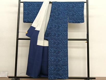 平和屋着物■上質な小紋　藍　型染め　草花文　鬼しぼ縮緬　正絹　逸品　未使用　BAAY4624hv