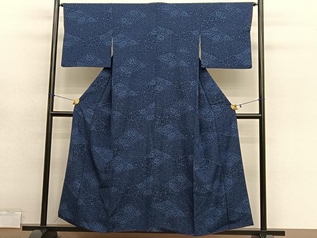 平和屋着物■上質な小紋　藍　型染め　草花文　正絹　逸品　BAAY4629hv
