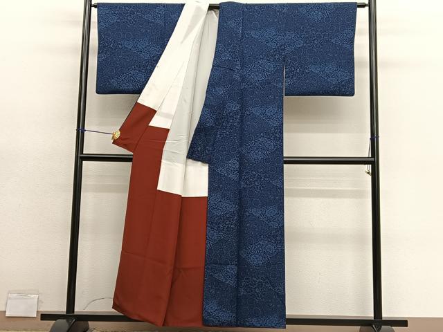 平和屋着物■上質な小紋　藍　型染め　草花文　正絹　逸品　BAAY4629hv