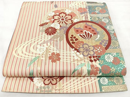 平和屋着物◎六通柄袋帯　流水花蝶文　金糸　正絹　逸品　BAAY5002qw