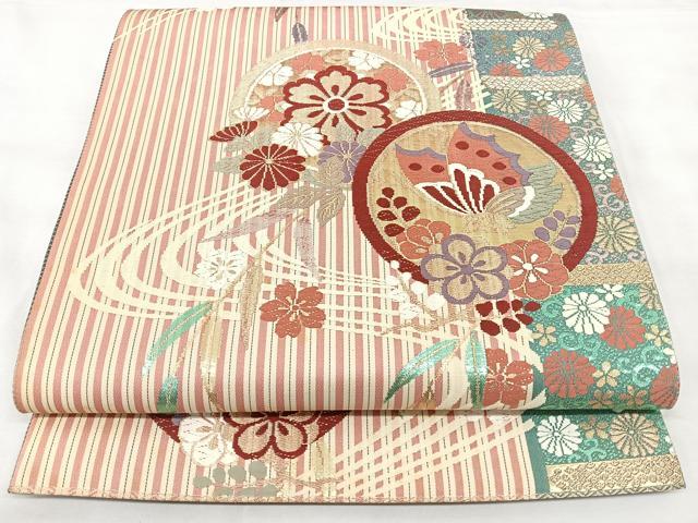 平和屋着物◎六通柄袋帯　流水花蝶文　金糸　正絹　逸品　BAAY5002qw