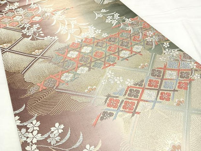 平和屋着物◎両面　六通柄袋帯　唐織　吉祥花文　金糸　正絹　逸品　BAAY5005qw