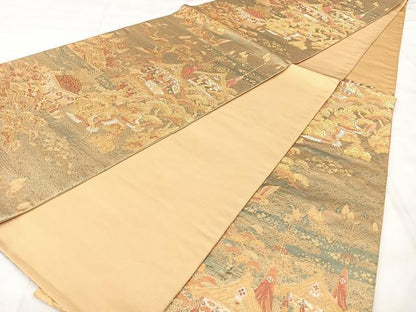 平和屋着物◎六通柄袋帯　風景花鳥文　金糸　正絹　逸品　BAAY5010qw