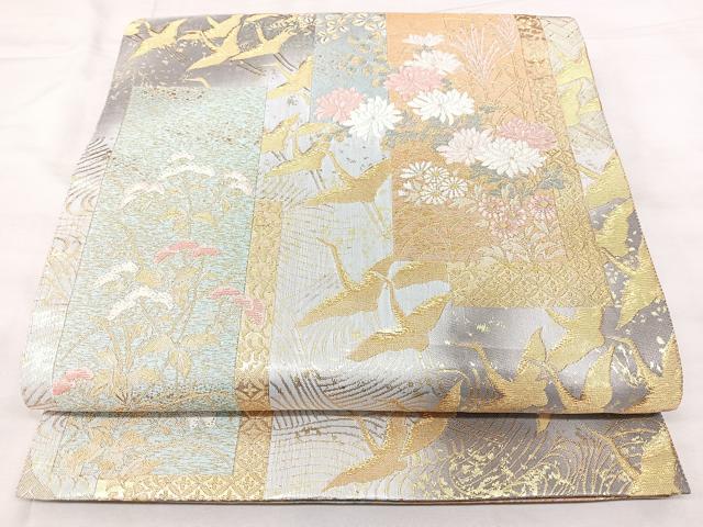 平和屋着物◎六通柄袋帯　短冊飛鶴花文　金糸　引箔　正絹　逸品　BAAY5029qw