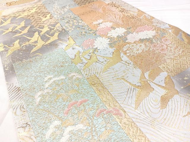 平和屋着物◎六通柄袋帯　短冊飛鶴花文　金糸　引箔　正絹　逸品　BAAY5029qw