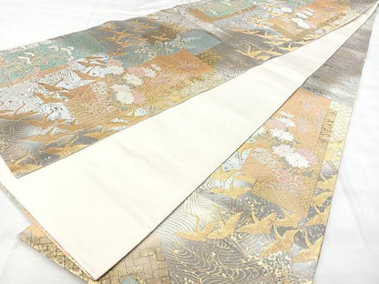 平和屋着物◎六通柄袋帯　短冊飛鶴花文　金糸　引箔　正絹　逸品　BAAY5029qw