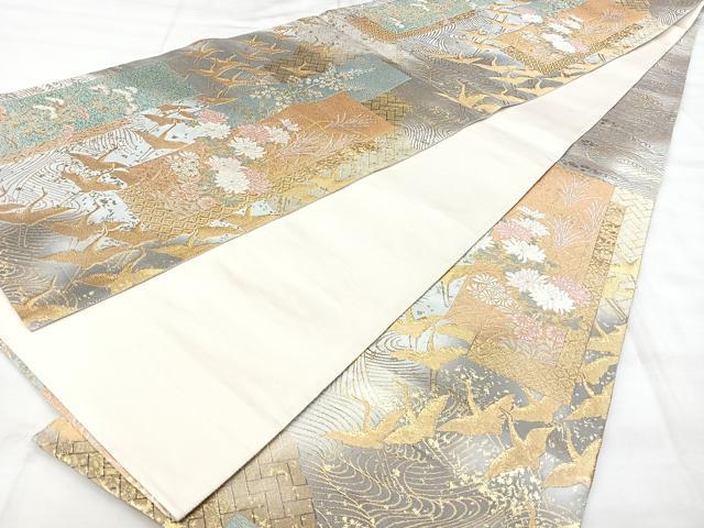 平和屋着物◎六通柄袋帯　短冊飛鶴花文　金糸　引箔　正絹　逸品　BAAY5029qw
