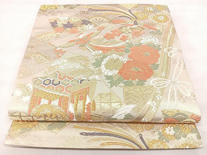 平和屋着物◎六通柄袋帯　御所車花鳥文　金糸　正絹　逸品　BAAY5043qw