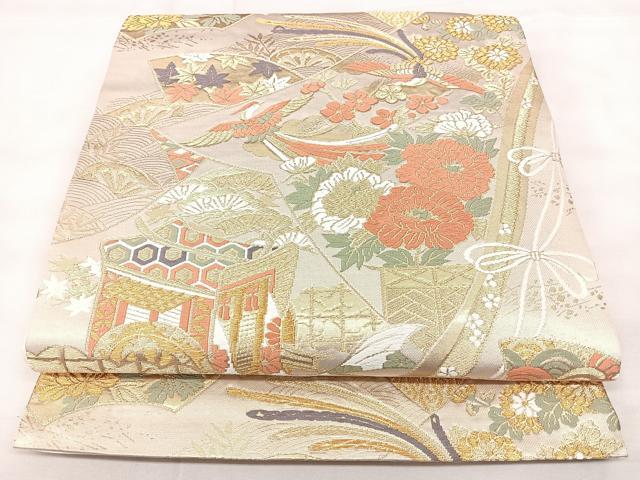 平和屋着物◎六通柄袋帯　御所車花鳥文　金糸　正絹　逸品　BAAY5043qw