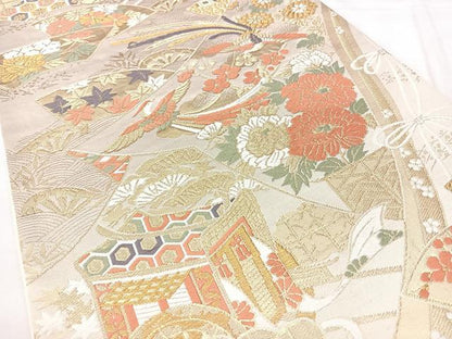 平和屋着物◎六通柄袋帯　御所車花鳥文　金糸　正絹　逸品　BAAY5043qw