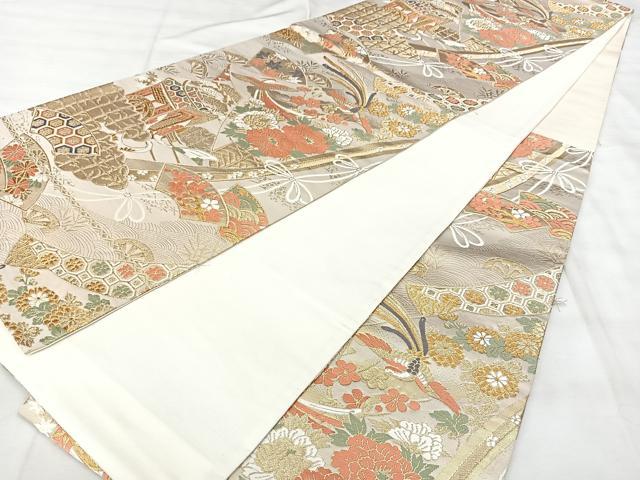 平和屋着物◎六通柄袋帯　御所車花鳥文　金糸　正絹　逸品　BAAY5043qw