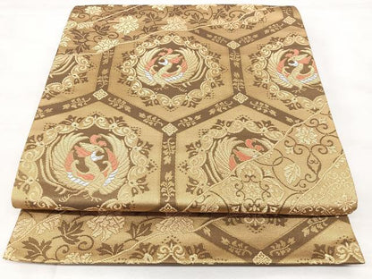 平和屋着物◎六通柄袋帯　亀甲花鳥文　金糸　正絹　逸品　BAAY5047qw